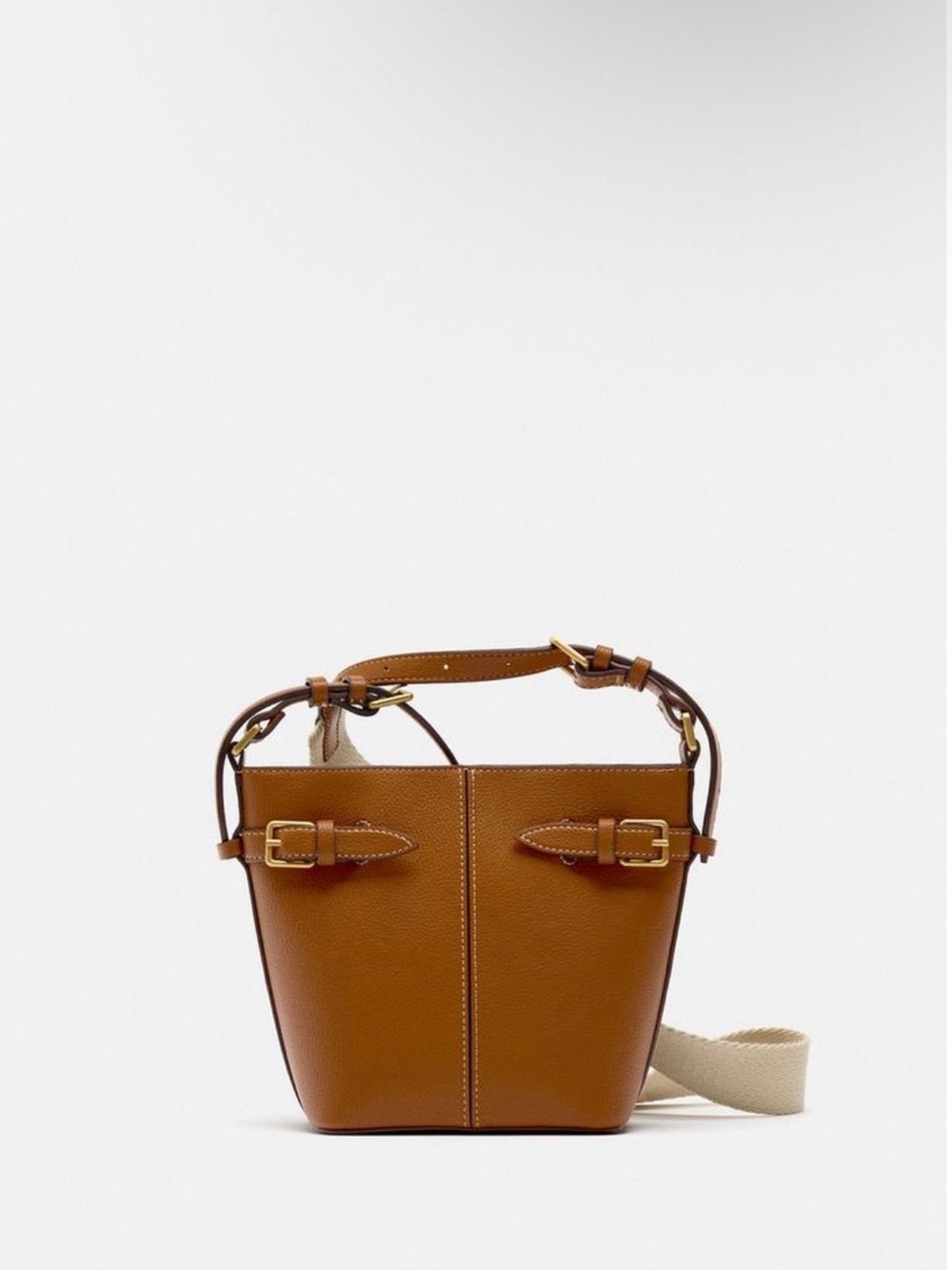 Zara Brown Leather Bucket Crossbody with Gold Buckle Accents